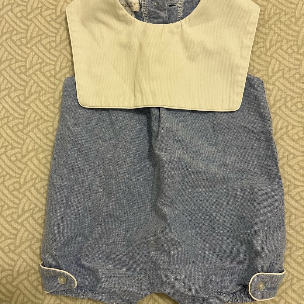 Mudpie 9-12M Blue and White Baby Romper with bib